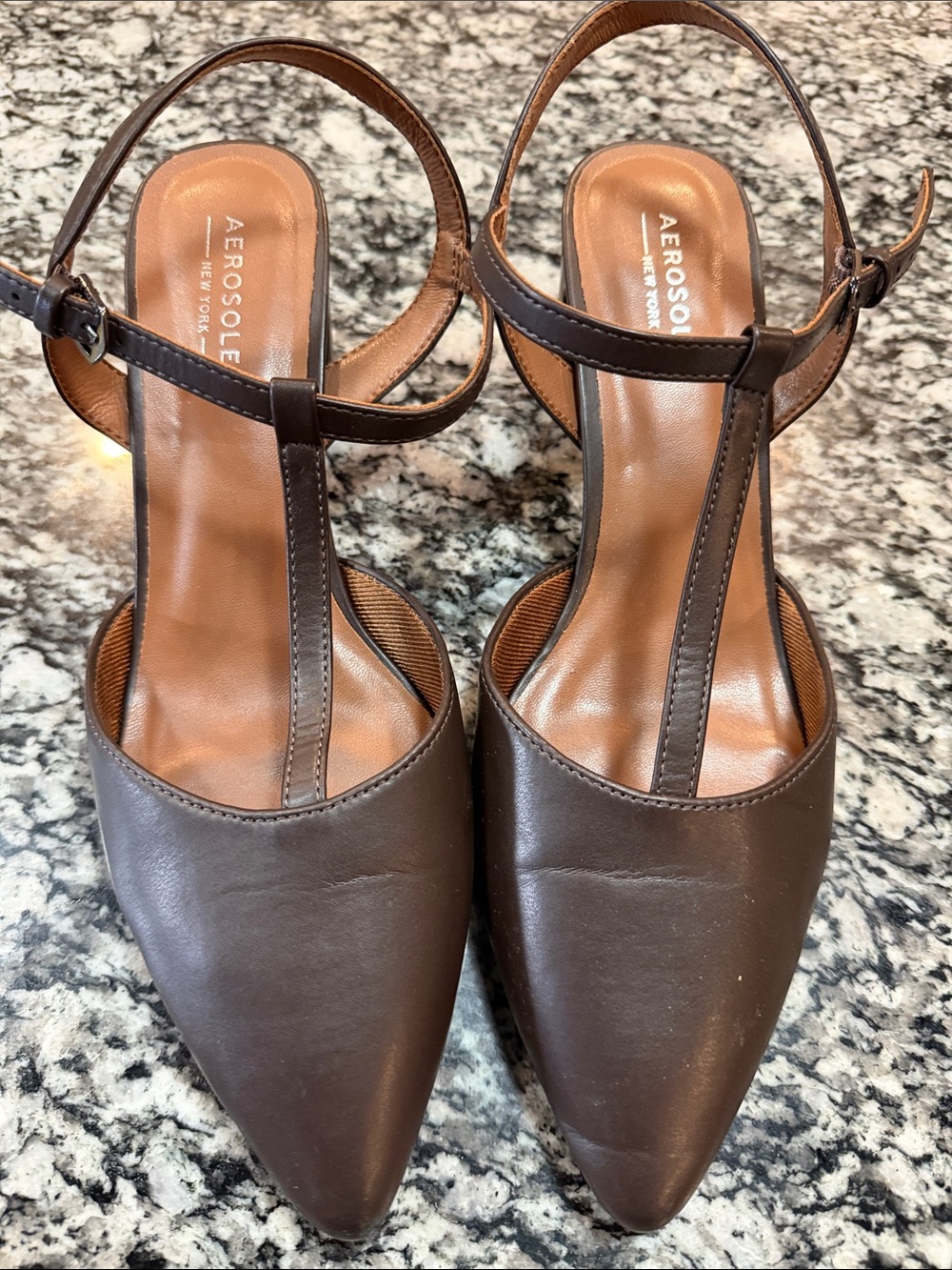 AEROSOLES Dark Brown T-Strap Pointed Slingback Heels